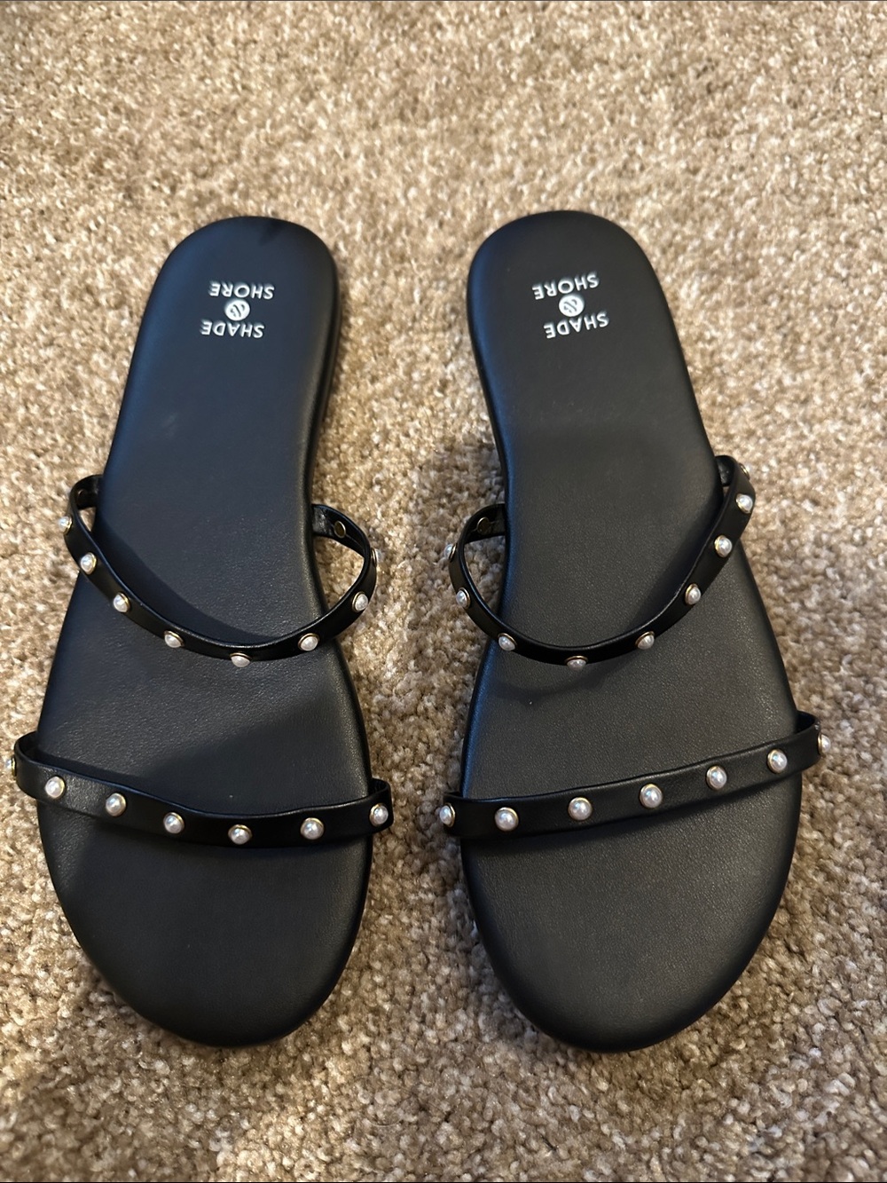 Shade & Shore Black Double-Strap Stud Slide Sandals